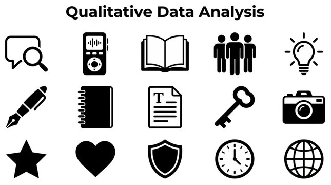 Fifteen blackandwhite flat vector icons arranged in three rows of five titled Qualitative Data Analysis
