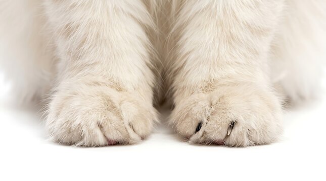 Close up of fluffy white cat paws on white background