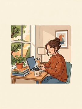 Young woman working on a laptop at a cozy home desk by a window