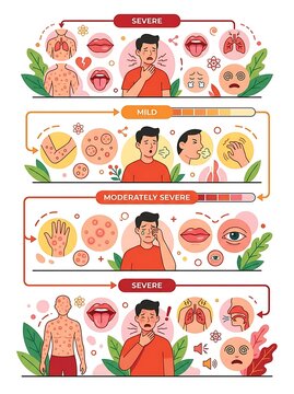 Medical infographic showing mild to severe allergy symptoms progression