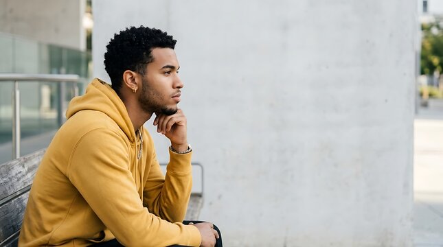 Thoughtful young man in a yellow hoodie sitting outdoors