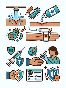 Medical wound care and vaccination process icons for healthcare