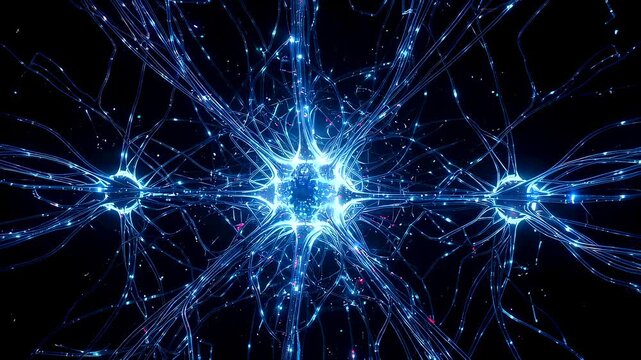 pulsing synapse network with electric blue filaments, radiating nodes and interconnected dendrite paths, organic digital aesthetic evoking brain connectivity and highenergy signal