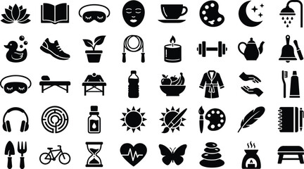 Naklejka premium Selection of black icons illustrating concepts of self improvement, fitness, and mental well being