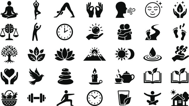 Yoga and holistic wellness lifestyle icon set for mental health spiritual practice and daily routine