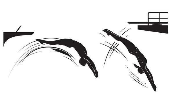 Professional divers performing synchronized jumps from springboards in black vector graphic.