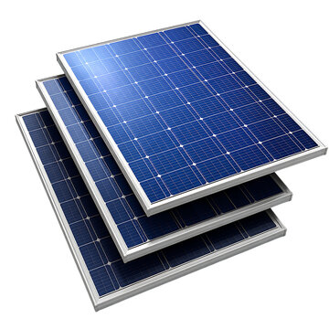 Stacked solar panels with blue photovoltaic cells and metal frames for renewable power equipment clean energy installation isolated on a transparent background