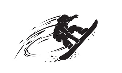 Dynamic snowboarding action silhouette with swirling motion trails and scattered snow bits. © MdSaimon