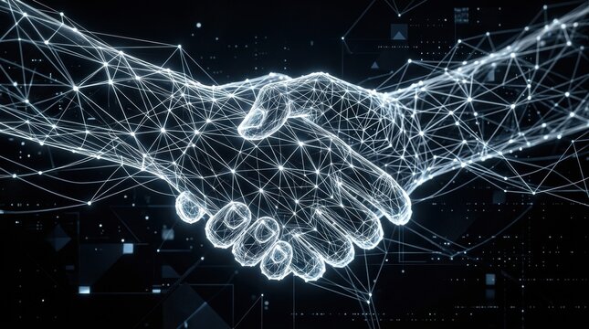 Abstract Futuristic Handshake: Close-up of Interconnected Lines and Vendor ecosystem restructuring realigns suppliers partners