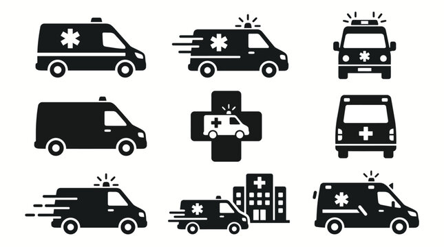 Collection of ambulance icons in various views and dynamic representations.