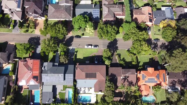Aerial view of local communities of low density residential housing in the suburbs