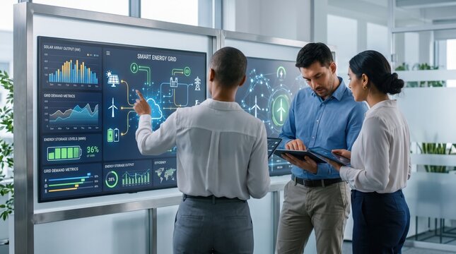 Smart energy grid monitoring team analyzing real-time data on large display screens, renewable power sources integration, battery storage levels, wind and solar output metrics