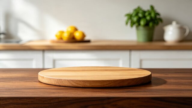 Round wooden cutting board on dark kitchen counter, clean workspace for cooking preparation, blurred background with lemons and basil plant, culinary tool, food photography prop