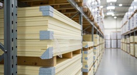 Obraz premium Wooden boards stacked on pallets in warehouse corridor industrial storage