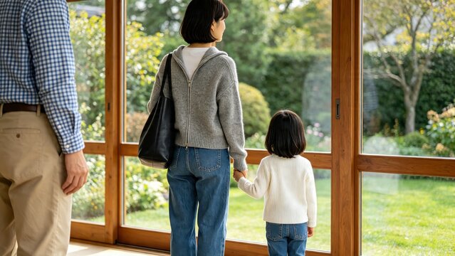 Back view of a family including parents and a young child standing together inside a home looking out through large glass windows at a beautiful green garden backyard.