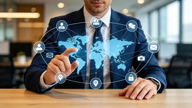 Businessman interacting with holographic global network interface, digital world map connection icons representing communication, security, location data