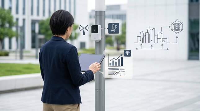 Engineer analyzing smart city infrastructure data on tablet, IoT sensor network, urban technology, wireless communication, environmental monitoring, connected devices