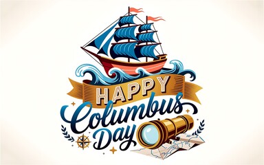 Columbus Day celebration with vintage sailing ship and nautical elements on white background