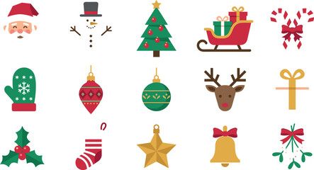 Christmas vector flat icon set with cute santa claus snowman tree reindeer sleigh candy cane mitten stocking star and holiday elements © Khairul
