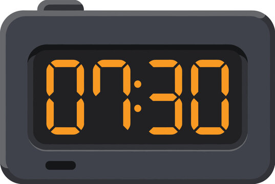 Modern black digital alarm clock with glowing orange LED numbers displaying seven thirty in the morning on a light background.