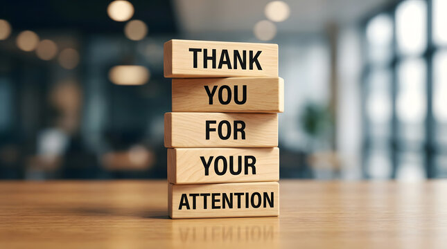 Stacked wooden blocks with 'thank you for your attention' message on a table with table blurred background stack four wooden blocks black text