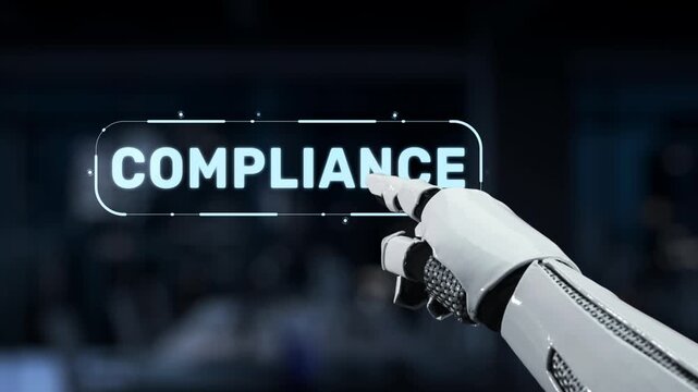 A robotic hand points to a digital display highlighting the concept of compliance within a business setting, showcasing essential elements like governance and regulations. Synapse