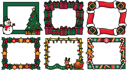Cute Christmas border frame collection with snowman holiday tree gift box reindeer santa belt candy cane and festive lights for greeting cards © Khairul
