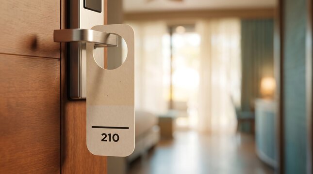 Hotel room door with a door tag and a blurred interior background
