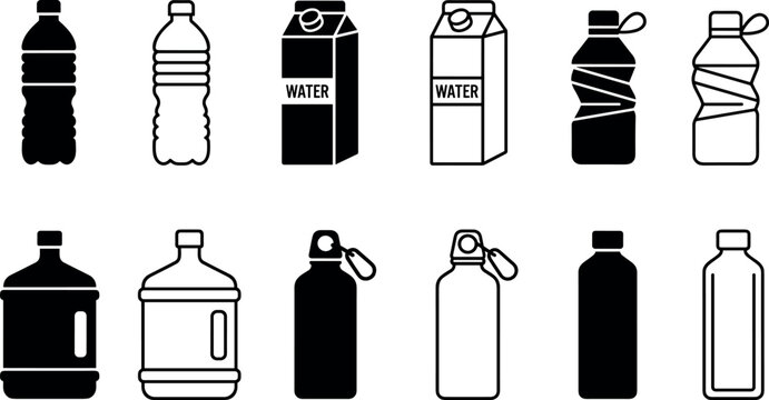Water bottle icon set with plastic drink bottles cardboard milk cartons crumpled recycled plastic sport flasks and large cooler jugs vector collection.