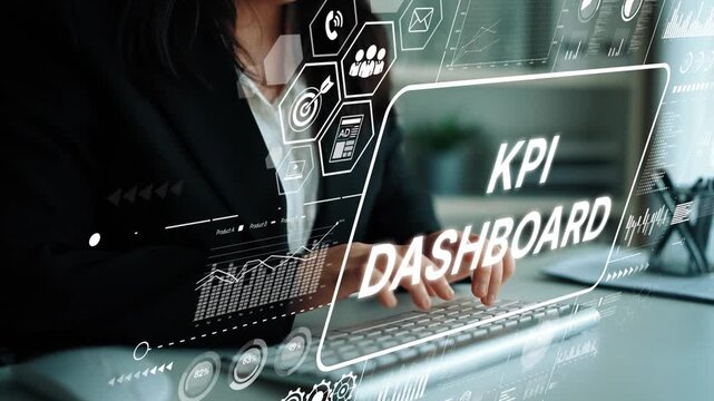 Professional woman analyzing KPI dashboard with digital analytics and graphs for business performance evaluation and strategy planning. Asymptotic smart data analytic.
