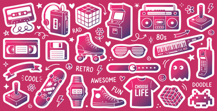 Retro 80s and 90s doodle stickers set with gradient colors, featuring vintage gadgets and pop culture elements.
