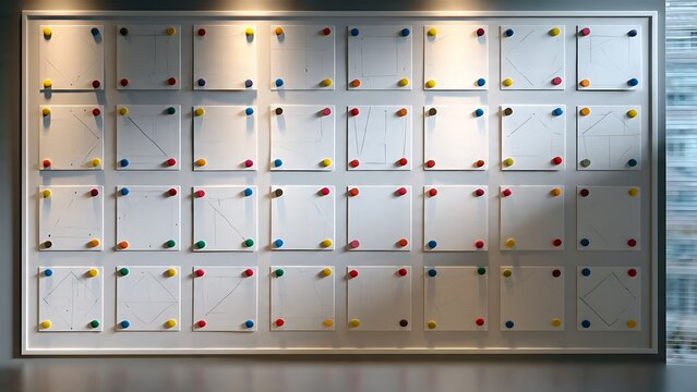 Storyboard planning wall with blank cards and colorful pins for creative project management