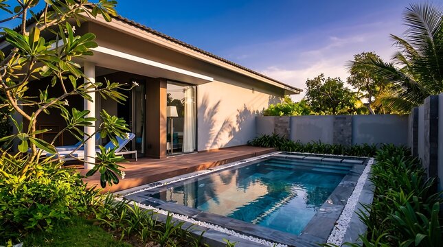 Modern house with swimming pool and tropical garden outdoor space