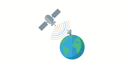 Satellite orbits high above the planet Earth while transmitting wireless signals to a ground station to provide global telecommunications and real-time weather monitoring data for users. © N