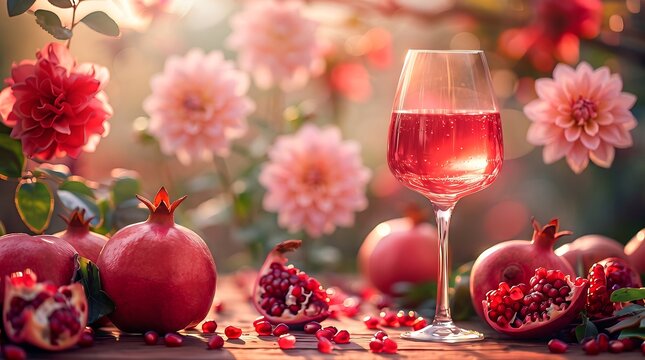 Pomegranates and wine glass on table with flowers in background garden scene