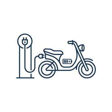 Minimal electric moped charging station line icon vector isolated on white background. Modern eco friendly electric scooter with charging point outline illustration for sustainable transportation, cle