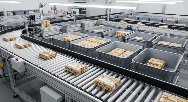 Food Products on Automated Conveyor Rollers in a Modern Industrial Factory Production Line