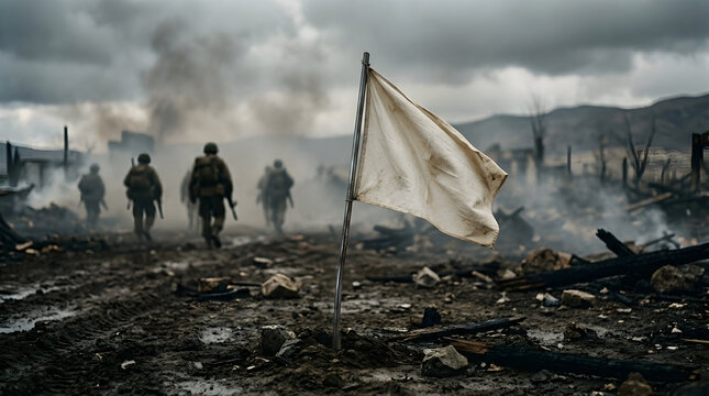 Soldiers approach a white flag in a war torn landscape with smoke