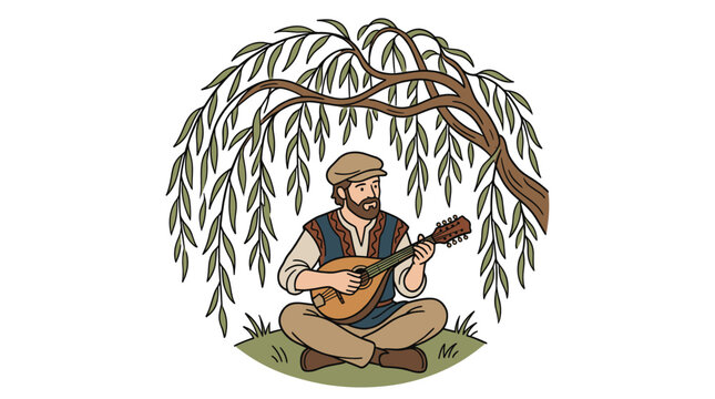 Folk musician playing lute under a weeping willow tree.