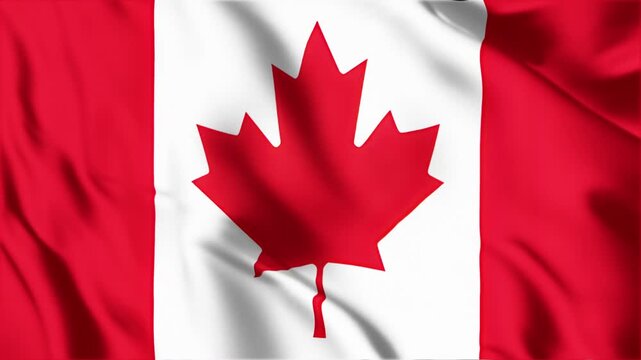 Waving Canadian flag with red maple leaf flutters gently in wind, vibrant national symbol of Canada displayed on fabric, patriotic movement, high quality footage for national celebrations.