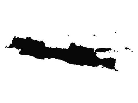 Silhouette map of Java island showing the geographical shape on a solid white background.