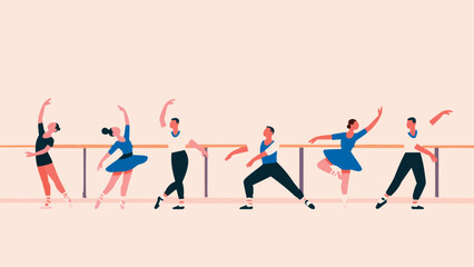 Obraz premium Group of people practicing ballet in a dance studio illustration