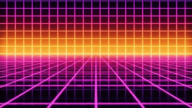 Seamless looping animation of a retro 80s vaporwave grid landscape featuring a glowing neon orange sunset horizon and purple laser wireframe floor and wall patterns in digital style.