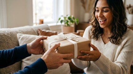 Fototapeta premium Excited asian woman getting surprise gift from her girlfriend at home. Gives a gift, birthday gift, New year day celebration and congratulation 