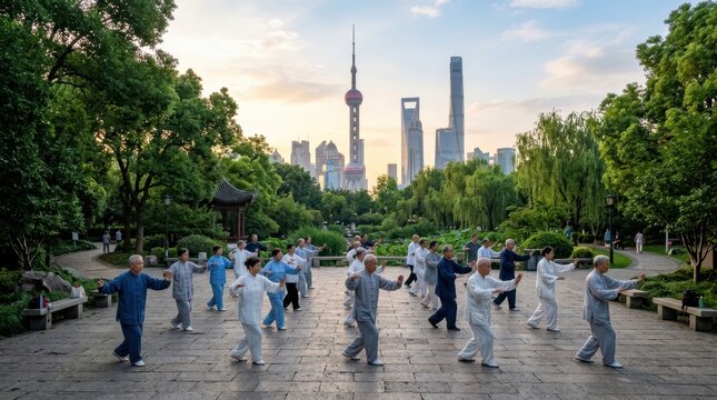 A morning tai chi group in a Shanghai park, elderly people moving in slow, graceful forms. The park is green, the modern skyline rises behind. The light is soft, the atmosphere is peaceful.