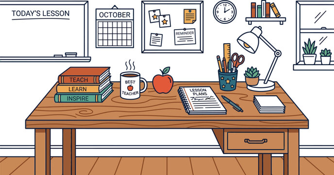 A well organized teacher's desk with books, a mug, and lesson plans on a wooden table in a classroom setting with a whiteboard and calendar on the wall behind.
