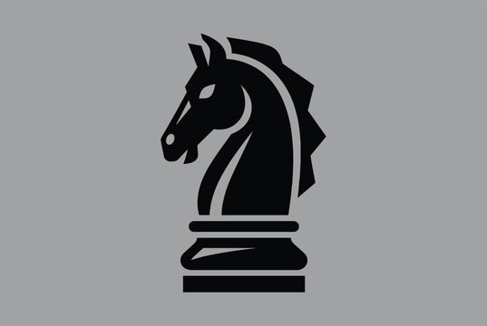 Sleek black chess knight piece icon shown in profile against a plain neutral grey background in vector style.