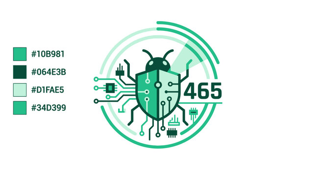 Cybersecurity Bug Icon with Circuit Board Elements and Data