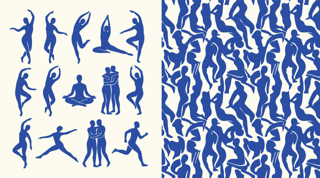 Blue silhouette of people in various yoga poses and movements on white background