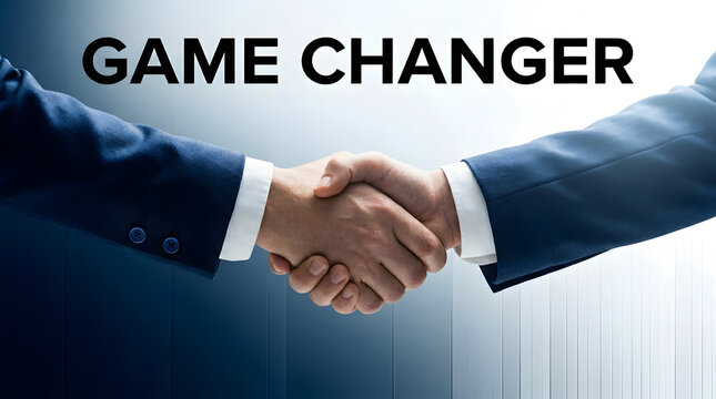 Businessmen shaking hands with game changer text